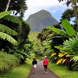 Caribbean Holidays, Martinique Adventure, Hikers walking through lush tropical rainforest on Martinique beneath Mount Pel&eacute;e, with broad green leaves and a clear mountain path