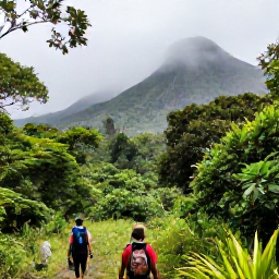 Caribbean Holidays, Martinique Adventure, Hikers walking through lush tropical rainforest on Mount Pel&eacute;e in Martinique, with misty volcanic slopes and green foliage