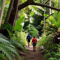 Caribbean Holidays, Martinique Adventure, Hikers walking through lush tropical rainforest towards Mount Pel&eacute;e in Martinique, October light