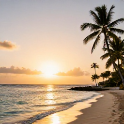 Caribbean Holidays, Martinique Adventure Holidays, A relaxed Martinique beach at sunset with golden light, calm turquoise water and palm trees