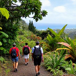 Caribbean Holidays, Martinique Adventure Holidays, Hikers walking along a forest trail on Mount Pel&eacute;e with tropical vegetation and distant sea views