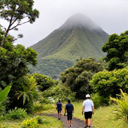 Caribbean Holidays, Martinique Adventure Holidays, Hikers walking beneath tropical rainforest towards Mount Pel&eacute;e on Martinique, with misty green slopes in the background