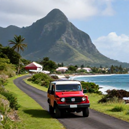 Caribbean Holidays, Martinique Adventure Holidays, Jeep driving along a scenic coastal track with traditional Martinique villages and mountains in the background