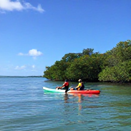 Caribbean Holidays, Martinique Adventure Holidays, Kayakers paddling through calm turquoise water along Martinique&rsquo;s mangrove-lined coast