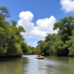 Caribbean Holidays, Martinique Adventure Holidays, Kayakers paddling through the calm mangrove waterways of Martinique beneath tropical trees and bright blue sky