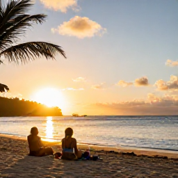Caribbean Holidays, Martinique Adventure Holidays, Travellers relaxing on a Martinique beach at sunset after an active day of adventure