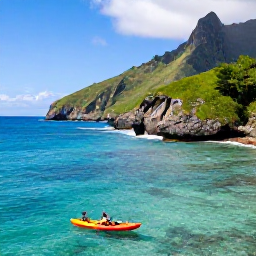Caribbean Holidays, Martinique Adventure Holidays, Travellers sea kayaking along Martinique's clear turquoise coastline past rocky coves and green cliffs