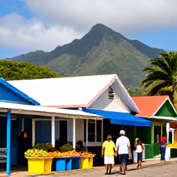 Caribbean Holidays, Martinique Adventure Holidays, Visitors exploring a colourful Martinique village market with Creole buildings, tropical fruit stalls and mountain scenery