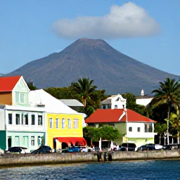 Caribbean Holidays, Martinique Adventure Holidays, Visitors exploring the colourful streets and waterfront of Saint-Pierre in Martinique with Mount Pel&eacute;e in the background