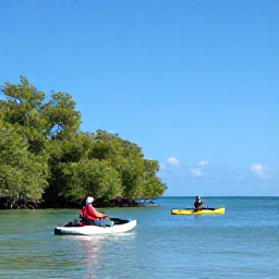 Caribbean Holidays, Martinique Adventure, Kayaker paddling through calm turquoise sea beside the mangrove coastline of Martinique on a sunny October morning