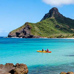 Caribbean Holidays, Martinique Adventure, Kayakers paddling across clear turquoise water along Martinique's rugged southern coastline, bright sky and green hills