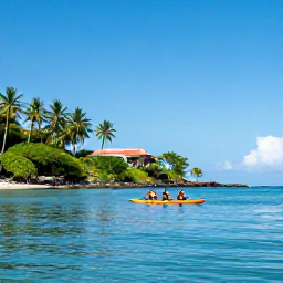 Caribbean Holidays, Martinique Adventure, Kayakers paddling through calm turquoise water along Martinique&rsquo;s tropical coastline
