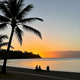 Caribbean Holidays, Martinique Adventure, Relaxed travellers enjoying a sunset beach scene at Grande Anse d'Arlet in Martinique, with calm sea and palm trees