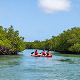 Caribbean Holidays, Martinique Adventure, Sea kayakers paddling beside mangrove channels and calm turquoise water on the east coast of Martinique