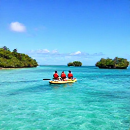 Caribbean Holidays, Martinique Adventure, Sea kayakers paddling through clear turquoise water beside mangroves and small rocky islets on Martinique's coast