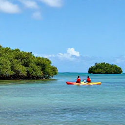Caribbean Holidays, Martinique Adventure, Sea kayakers paddling through the calm turquoise waters around Martinique, passing mangroves and small green islands