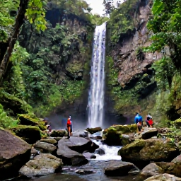 Caribbean Holidays, Martinique Adventure, Travellers hiking through tropical rainforest to a waterfall near the Carbet Falls in Martinique, lush vegetation and rocky stream