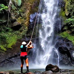 Caribbean Holidays, Martinique Adventure, Visitors canyoning beside a waterfall in the lush tropical interior of Martinique, surrounded by volcanic rocks and forest