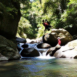 Caribbean Holidays, Martinique Adventure, Visitors canyoning through a clear river gorge in Martinique, surrounded by rainforest, rocks and small waterfalls