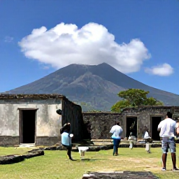 Caribbean Holidays, Martinique Adventure, Visitors exploring the ruins and volcanic landscape around Saint-Pierre in Martinique, with Mount Pel&eacute;e in the background