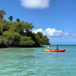 Caribbean Holidays, Martinique Adventure, Visitors kayaking through clear turquoise water beside the mangroves and coastline of Martinique in warm March sunshine