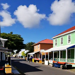 Caribbean Holidays, Martinique Adventures, A relaxed Martinique village street with colourful houses, a local market and visitors exploring