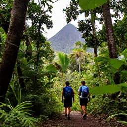 Caribbean Holidays, Martinique Adventures, Hikers walking through lush tropical rainforest on Martinique near Mount Pel&eacute;e in September