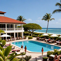 Caribbean Holidays, Martinique All Inclusive, A beachfront Martinique resort with a swimming pool, tropical gardens, outdoor dining and guests relaxing in the sunshine