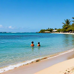 Caribbean Holidays, Martinique All Inclusive, A calm Martinique beach with clear shallow water, golden sand and a family enjoying a safe Caribbean swim