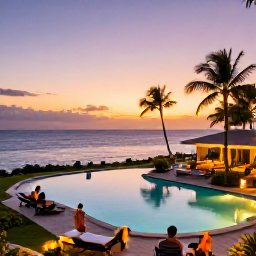 Caribbean Holidays, Martinique All Inclusive, A comfortable Martinique all-inclusive resort at sunset, with illuminated pools, palm trees and guests relaxing outdoors