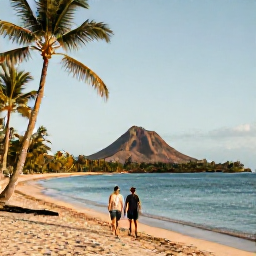Caribbean Holidays, Martinique All Inclusive, A couple walking along a quiet palm-fringed beach in Martinique, with clear blue water, volcanic hills and warm afternoon light