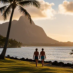 Caribbean Holidays, Martinique All Inclusive, A couple walking beside a Martinique coastline at golden hour with mountains, palms and the Caribbean Sea