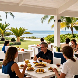 Caribbean Holidays, Martinique All Inclusive, Guests enjoying a bright open-air restaurant at a Martinique resort, with tropical gardens, local dishes and views towards the sea