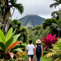 Caribbean Holidays, Martinique April Holidays, A couple walking through lush Martinique rainforest beneath Mount Pel&eacute;e, with tropical plants and volcanic mountains