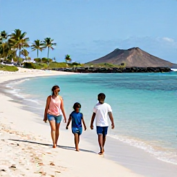 Caribbean Holidays, Martinique April Holidays, A happy family walking along a sunny Martinique beach in April, with calm turquoise water, palm trees and volcanic hills in the distance