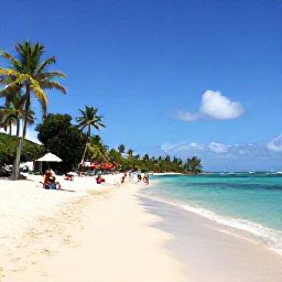 Caribbean Holidays, Martinique April Holidays, A sunny Martinique beach in April with turquoise water, soft sand, palm trees and a few relaxed holidaymakers