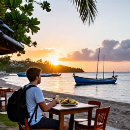 Caribbean Holidays, Martinique April Holidays, Backpacker enjoying sunset at a small seaside restaurant in Martinique with local food and colourful fishing boats