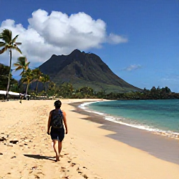 Caribbean Holidays, Martinique April Holidays, Backpacker walking along a sunny Martinique beach with volcanic hills and palm trees in the background