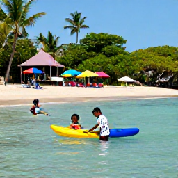Caribbean Holidays, Martinique April Holidays, Children paddling in shallow clear Caribbean water beside a sandy Martinique beach, with colourful umbrellas and lush green vegetation