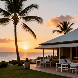 Caribbean Holidays, Martinique April Holidays, Comfortable family hotel near a Martinique beach at sunset, with palm trees, outdoor seating and a relaxed Caribbean atmosphere