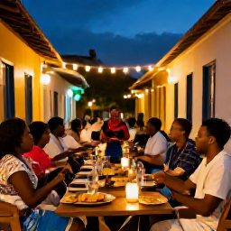 Caribbean Holidays, Martinique April Holidays, Evening cultural gathering in Martinique with Creole music, traditional food and warmly lit streets