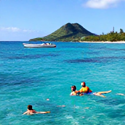 Caribbean Holidays, Martinique April Holidays, Family snorkelling in clear blue water off Martinique, with tropical fish, a small boat and green coastline in the background