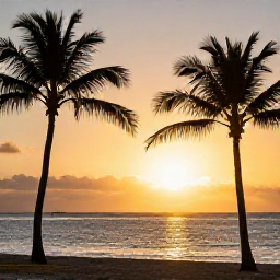 Caribbean Holidays, Martinique April Holidays, Golden sunset over a Martinique beach with palm silhouettes and an inviting Caribbean holiday setting
