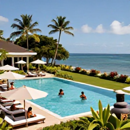 Caribbean Holidays, Martinique April Holidays, Guests relaxing beside an elegant Martinique resort pool with tropical gardens and a glimpse of the Caribbean Sea