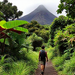 Caribbean Holidays, Martinique April Holidays, Hiker on a rainforest trail near Mount Pel&eacute;e in Martinique, surrounded by lush green vegetation and misty volcanic peaks