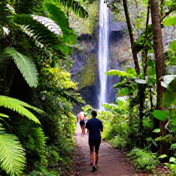 Caribbean Holidays, Martinique April Holidays, Visitors walking along a lush Martinique rainforest trail near a waterfall, surrounded by tropical vegetation