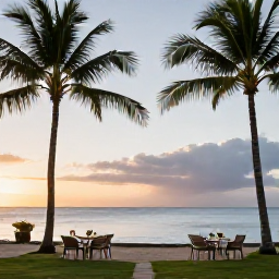Caribbean Holidays, Martinique August, Adults-only beachfront resort in Martinique at sunset, with palm trees, calm sea and elegant outdoor seating