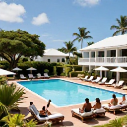 Caribbean Holidays, Martinique August Holidays, A comfortable all-inclusive resort in Martinique with a swimming pool, loungers, tropical gardens and guests enjoying a relaxed August afternoon