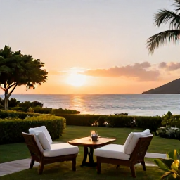 Caribbean Holidays, Martinique August Holidays, A relaxed sunset view from a Martinique resort terrace, with tropical gardens, gentle sea and warm evening light
