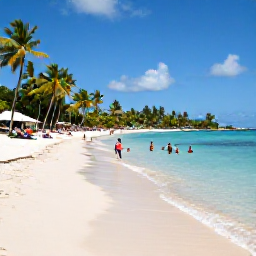 Caribbean Holidays, Martinique August Holidays, Visitors swimming and relaxing at Les Salines beach in Martinique, with clear Caribbean water, white sand and coconut palms